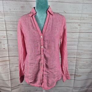 Brooks Brothers Womens Sz 6 Top V-Neck Button Up 100% Linen Shirt Casual Preppy